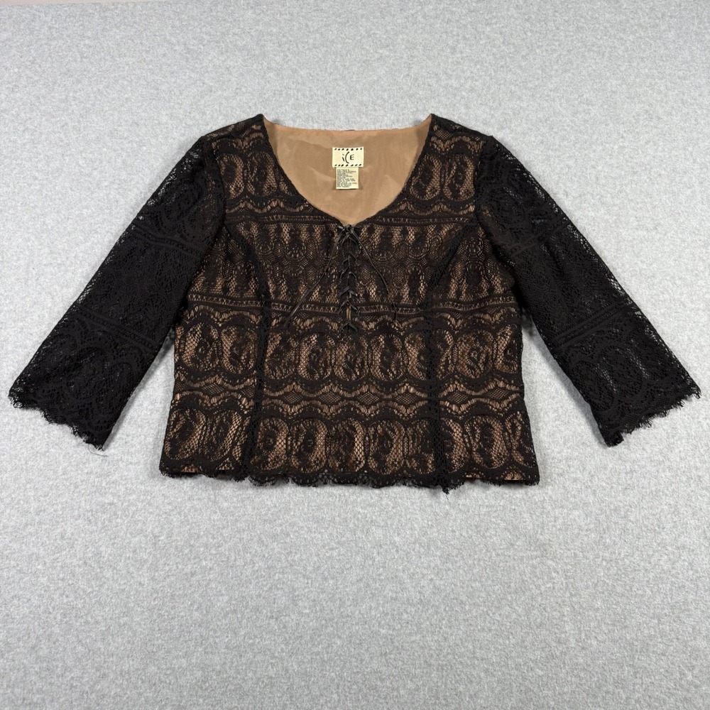 Vintage 90s Y2K ICE Black Lace Up Whimsigoth Tan Lined 3/4 Sleeve Top Large